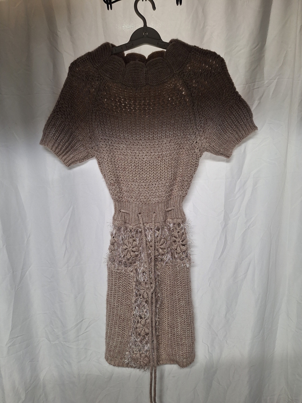 Paradis Miss Taupe Cowl-Neck Knit Short-Sleeve Waist-Tie Sweater Dress